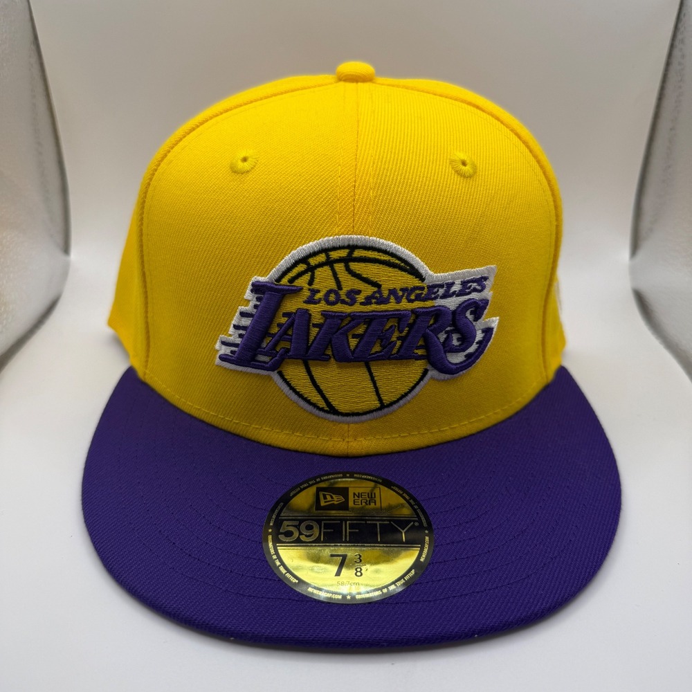 New Era 59FIFTY Los Angeles Lakers Fitted Hat Yellow Purple NBA Size 7 3/8 Cap